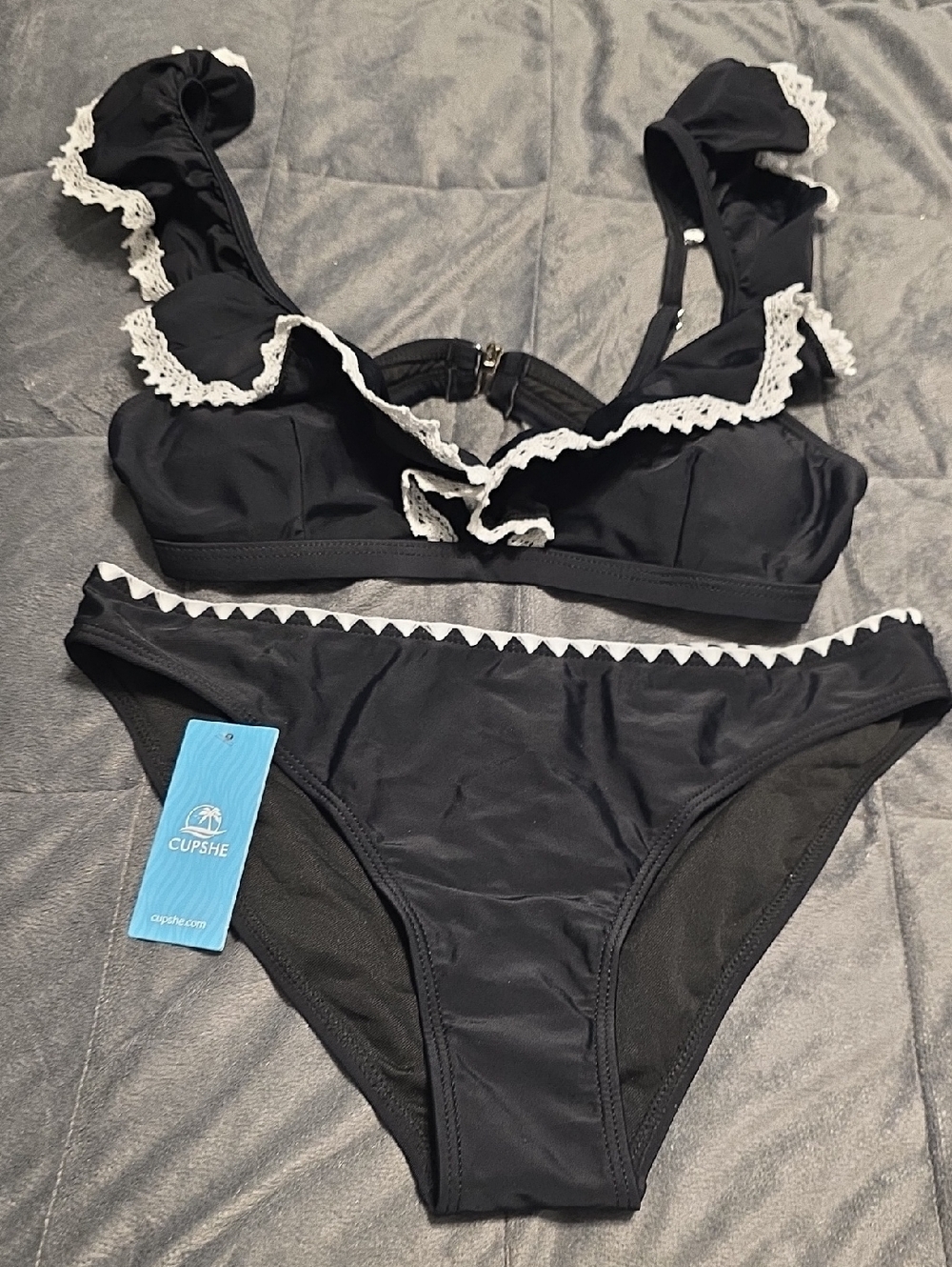 Cupshe Black Bikini Set with White Trim and Ruffled Straps